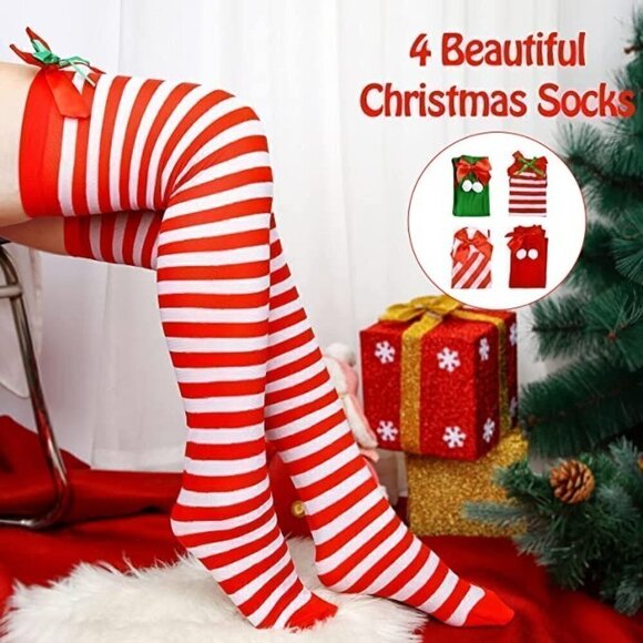 CHRISTMAS Thigh high Socks Red White Stripe Cosplay Stockings with Bow Sexy NWT - Picture 5 of 7